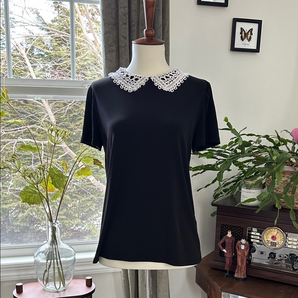 Karl Lagerfeld Black Tee with White Crochet Collar